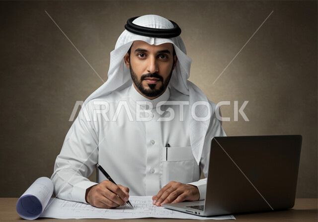  ادارة وانجاز المهام باستخدام جهاز تقني حديث ومتطور, بورتريه مقرب لرجل عربي خليجي سعودي مبتسم يرتدي الثوب التقليدي والغترة يعمل على الحاسوب المحمول, ايماءات وتعابير الجدية والحزم، مهن ووظائف مكتبية سعودية، كتابة وتدوين البيانات والنتائج على ورقة، خلفية رمادية 