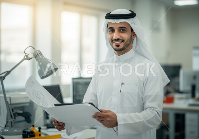 بيئة العمل المريحة في شركات السعودية، النظر الى الكاميرا بتعابير السرور والسعادة، مهنة ووظيفة مكتبية، صورة مقربة لرجل عربي خليجي سعودي مبتسم يرتدي الغترة والثوب التقليدي يقف بايماءات الثقة بالنفس داخل المكتب في مقر الشركة