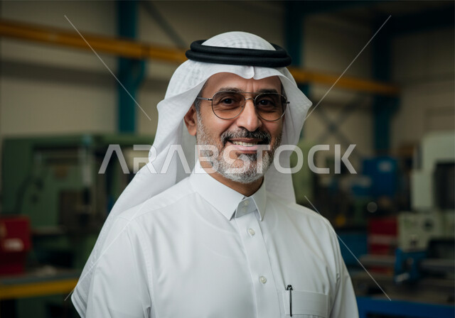 بيئة العمل المريحة في شركات السعودية، النظر الى الكاميرا بتعابير السرور والسعادة، مهنة ووظيفة مكتبية، صورة مقربة لرجل عربي خليجي سعودي مبتسم يرتدي الغترة والثوب التقليدي يقف بايماءات الثقة بالنفس داخل المكتب في مقر الشركة