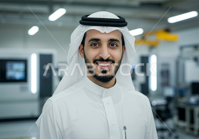 Comfortable work environment in Saudi companies, looking at the camera with expressions of pleasure and happiness, office profession and job, close-up of a smiling Saudi Arabian Gulf man wearing a ghutra and traditional thobe standing with self-confident gestures inside the office at the company headquarters