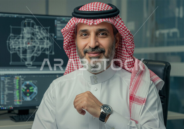 Comfortable work environment in Saudi companies, looking at the camera with expressions of pleasure and happiness, office profession and job, close-up of a smiling Saudi Arabian Gulf man wearing a traditional shemagh and thobe standing with self-confident gestures inside the office at the company headquarters
