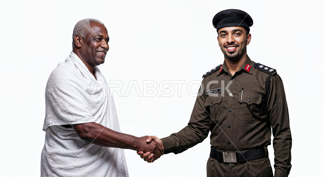 المصافحة والترحيب والسلام، الحفاظ على أمن وأمان الحجاج، بورتريه لرجل أمن عربي خليجي سعودي يرتدي الزي العسكري يقوم بمصافحة حاج يرتدي لباس الاحرام بتعابير الاحترام، أداء مناسك الحج والعمرة، خلفية بيضاء