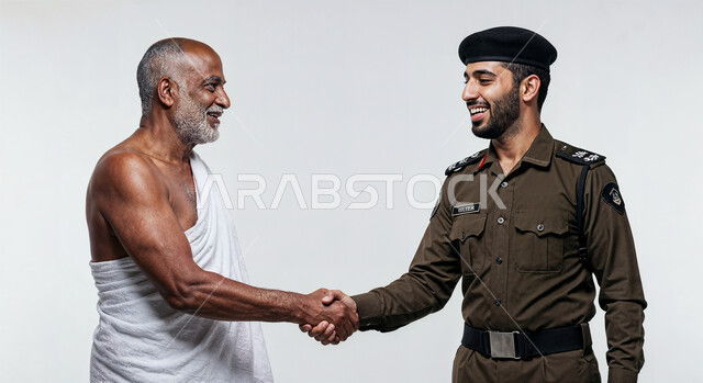 المصافحة والترحيب والسلام، الحفاظ على أمن وأمان الحجاج، بورتريه لرجل أمن عربي خليجي سعودي يرتدي الزي العسكري يقوم بمصافحة حاج يرتدي لباس الاحرام بتعابير الاحترام، أداء مناسك الحج والعمرة، خلفية بيضاء