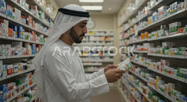  فحص وجرد مخزون الأدوية والمستلزمات الطبية داخل الصيدلية، صورة مقربة من الجانب لرجل صيدلاني عربي خليجي اماراتي يرتدي الكندورة والغترة يقوم بالبحث عن الوصفة الدوائية، تقديم الرعاية الصحية والوصفات الطبية