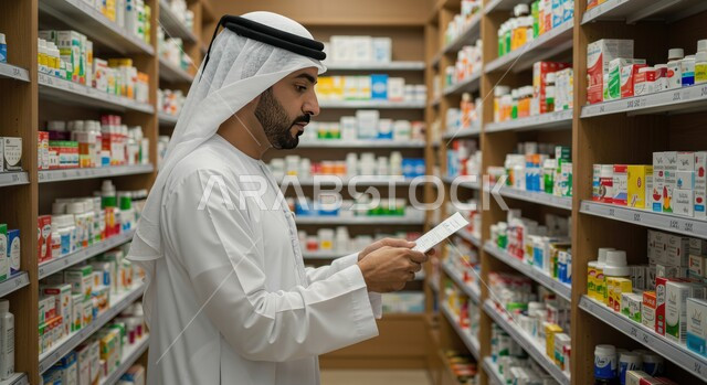 فحص وجرد مخزون الأدوية والمستلزمات الطبية داخل الصيدلية، صورة مقربة من الجانب لرجل صيدلاني عربي خليجي اماراتي يرتدي الكندورة والغترة يقوم بالبحث عن الوصفة الدوائية، تقديم الرعاية الصحية والوصفات الطبية