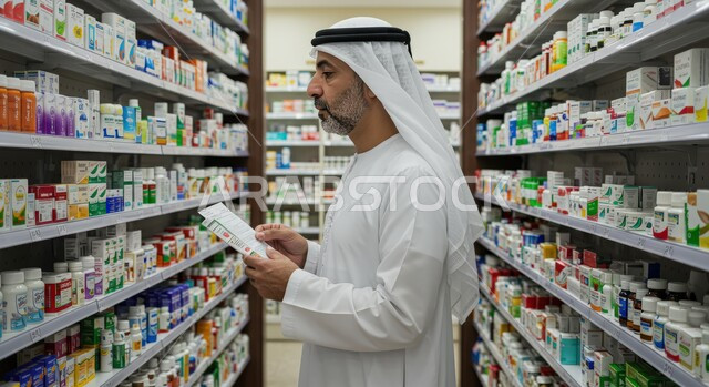  فحص وجرد مخزون الأدوية والمستلزمات الطبية داخل الصيدلية، صورة مقربة من الجانب لرجل صيدلاني عربي خليجي اماراتي يرتدي الكندورة والغترة يقوم بالبحث عن الوصفة الدوائية، تقديم الرعاية الصحية والوصفات الطبية