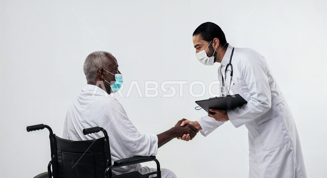 Working in the healthcare sector, the concept of the pillars of Islam and performing religious duties, a portrait of a disabled pilgrim wearing ihram clothes and a mask sitting in a wheelchair shaking hands with a doctor, performing Hajj and Umrah rituals, worship and getting closer to God, following preventive measures, white background