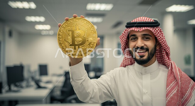  تداول العملة المشفرة، الفوائد والاستثمار المالي, النظر الى الكاميرا بتعابير السرور والسعادة, صورة مقربة لرجل عربي خليجي سعودي مبتسم يرتدي الثوب التقليدي والشماغ يمسك مجسم عملة البيتكوين الرقمية، النمو والأرباح المالية، ادخار الأموال للربح