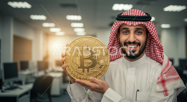  تداول العملة المشفرة، الفوائد والاستثمار المالي, النظر الى الكاميرا بتعابير السرور والسعادة, صورة مقربة لرجل عربي خليجي سعودي مبتسم يرتدي الثوب التقليدي والشماغ يمسك مجسم عملة البيتكوين الرقمية، النمو والأرباح المالية، ادخار الأموال للربح