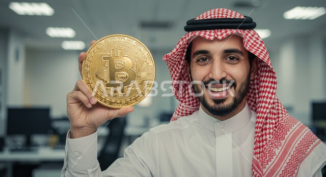  تداول العملة المشفرة، الفوائد والاستثمار المالي, النظر الى الكاميرا بتعابير السرور والسعادة, صورة مقربة لرجل عربي خليجي سعودي مبتسم يرتدي الثوب التقليدي والشماغ يمسك مجسم عملة البيتكوين الرقمية، النمو والأرباح المالية، ادخار الأموال للربح