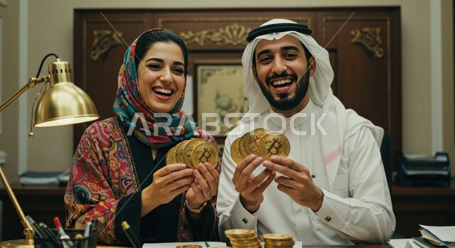  تداول العملة المشفرة، الفوائد والاستثمار المالي, النظر الى الكاميرا بتعابير السرور والسعادة, صورة مقربة لزوجين عربيين خليجيين سعوديين مبتسمين يمسكان مجسم عملة البيتكوين الرقمية، النمو والأرباح المالية، ادخار الأموال للربح