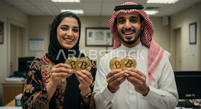  تداول العملة المشفرة، الفوائد والاستثمار المالي, النظر الى الكاميرا بتعابير السرور والسعادة, صورة مقربة لزوجين عربيين خليجيين سعوديين مبتسمين يمسكان مجسم عملة البيتكوين الرقمية، النمو والأرباح المالية، ادخار الأموال للربح