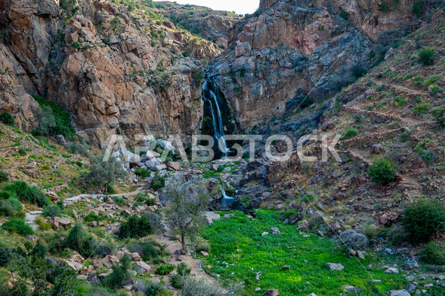 شلال في مدينة الطائف في المملكة العربية السعودية، نمو النباتات الخضراء على الجبال, منطقة سياحية طبيعية في النهار، الشلالات المائية الطبيعية على السفوح والمنحدرات, خلفية الطبيعه