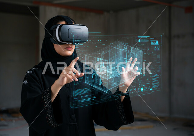 3D holographic background of architectural engineering plans, using modern technologies to monitor projects and advanced construction designs, a veiled young Saudi Arabian Gulf woman wearing an abaya and VR glasses, monitoring a construction project, Saudi Vision 2030