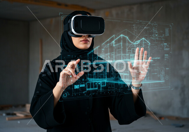3D holographic background of architectural engineering plans, using modern technologies to monitor projects and advanced construction designs, a veiled young Saudi Arabian Gulf woman wearing an abaya and VR glasses, monitoring a construction project, Saudi Vision 2030