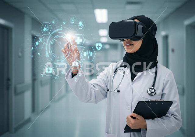 دمج التقنية والتكنولوجيا في المجال الطبي, مهنة ووظيفة نسائية، مفهوم الطب والرعاية الصحية، صورة مقربة لطبيبة عربية سعودية خليجية محجبة ترتدي المعطف الأبيض وسماعات الفحص ترتدي نظارات الواقع الافتراضي تقوم بمحاكاة ايقونات هولوجرامية ثلاثية الابعاد