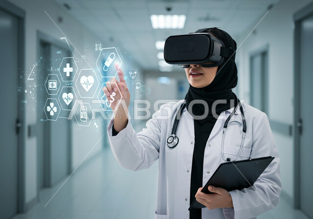 دمج التقنية والتكنولوجيا في المجال الطبي, مهنة ووظيفة نسائية، مفهوم الطب والرعاية الصحية، صورة مقربة لطبيبة عربية سعودية خليجية محجبة ترتدي المعطف الأبيض وسماعات الفحص ترتدي نظارات الواقع الافتراضي تقوم بمحاكاة ايقونات هولوجرامية ثلاثية الابعاد