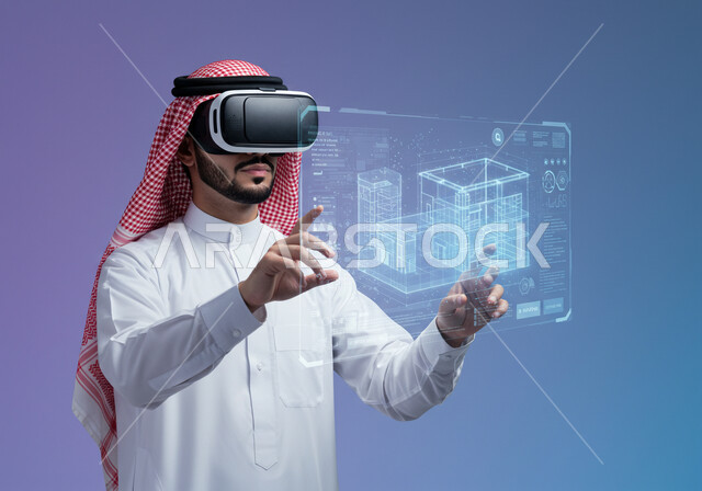 Saudi Vision 2030, interaction with virtual engineering, a Saudi Arabian man wearing a traditional thobe, shemagh, and virtual reality glasses interacting with a holographic model of a building, the growth and development of the engineering field through VR glasses, models of architectural structures and buildings.