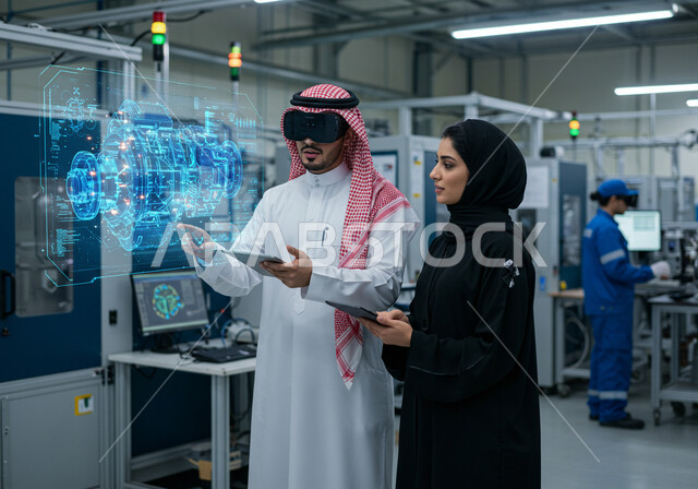 Vision 2030, technological development and progress, achieving the industrial revolution, a Saudi Arabian Gulf man wearing a traditional shemagh and thobe, wearing 3D VR glasses, standing next to a veiled woman, interacting with an electronic screen using hologram technology, innovation, science, and artificial intelligence technology.