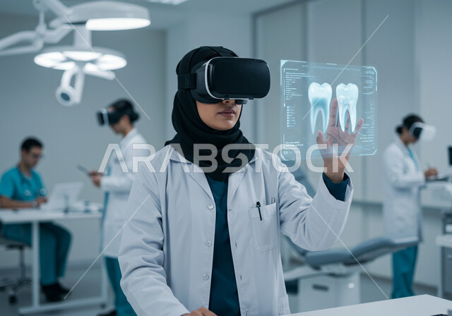 Integrating technology and technology in the medical field, a female profession and job, the concept of medicine and healthcare, a close-up of a veiled Saudi Arabian Gulf female doctor wearing a white coat and examination stethoscopes, wearing virtual reality glasses, simulating 3D holographic icons