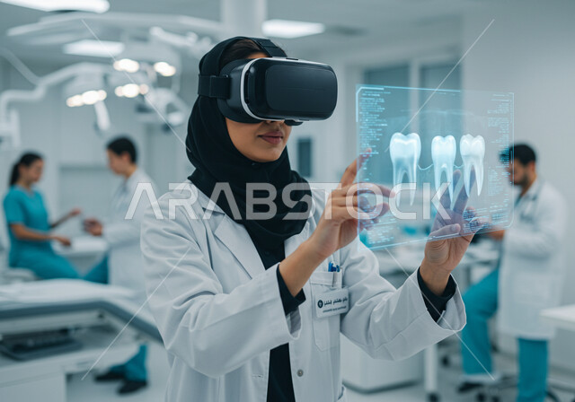 دمج التقنية والتكنولوجيا في المجال الطبي, مهنة ووظيفة نسائية، مفهوم الطب والرعاية الصحية، صورة مقربة لطبيبة عربية سعودية خليجية محجبة ترتدي المعطف الأبيض وسماعات الفحص ترتدي نظارات الواقع الافتراضي تقوم بمحاكاة ايقونات هولوجرامية ثلاثية الابعاد