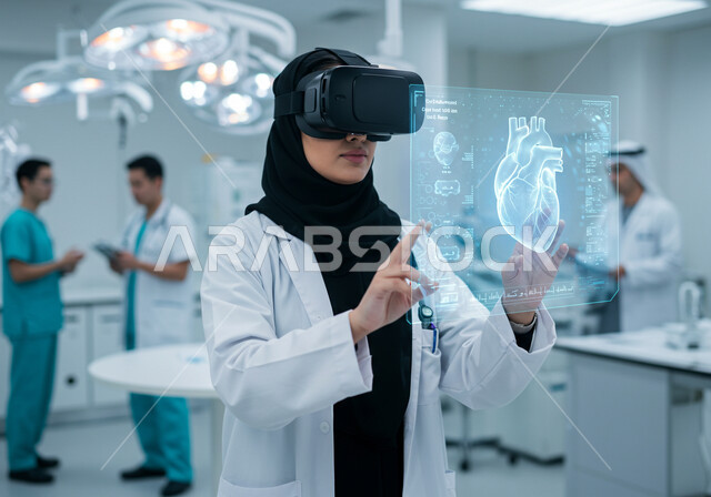 دمج التقنية والتكنولوجيا في المجال الطبي, مهنة ووظيفة نسائية، مفهوم الطب والرعاية الصحية، صورة مقربة لطبيبة عربية سعودية خليجية محجبة ترتدي المعطف الأبيض وسماعات الفحص ترتدي نظارات الواقع الافتراضي تقوم بمحاكاة ايقونات هولوجرامية ثلاثية الابعاد
