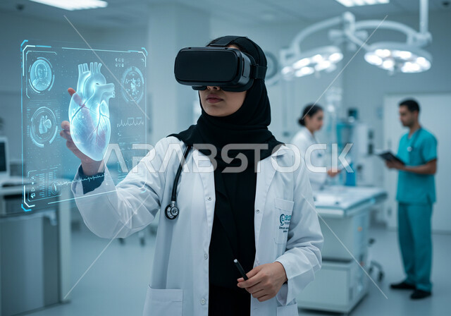 Integrating technology and technology in the medical field, a female profession and job, the concept of medicine and healthcare, a close-up of a veiled Saudi Arabian Gulf female doctor wearing a white coat and examination stethoscopes, wearing virtual reality glasses, simulating 3D holographic icons