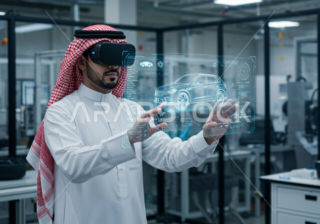 مفهوم صناعة السيارات, رؤية مستقبلية 2030, المخططات والتصاميم الهندسية لمشاريع المستقبل, التقدم والتطور التقني والتكنولوجي, رجل عربي خليجي سعودي يرتدي الشماغ والثوب التقليدي ونظارة الواقع الافتراضي يتفاعل مع رسوم هولوجرامية ثلاثية الابعاد للنموذج الأولي لهيكل السيارة