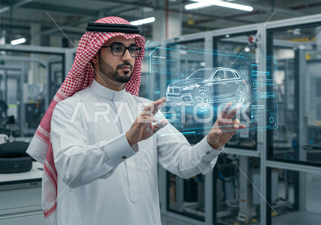 مفهوم صناعة السيارات, رؤية مستقبلية سعودية 2030, المخططات والتصاميم الهندسية لمشاريع المستقبل, التقدم والتطور التقني والتكنولوجي, رجل عربي خليجي سعودي يرتدي الشماغ والثوب التقليدي يتفاعل ويندمج مع رسوم هولوجرامية ثلاثية الابعاد للنموذج الأولي لهيكل السيارة