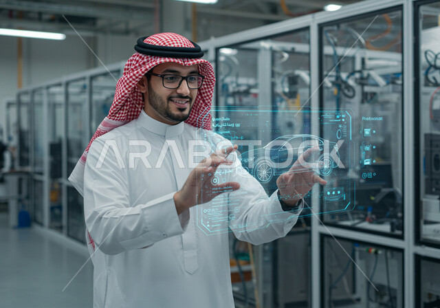 مفهوم صناعة السيارات, رؤية مستقبلية سعودية 2030, المخططات والتصاميم الهندسية لمشاريع المستقبل, التقدم والتطور التقني والتكنولوجي, رجل عربي خليجي سعودي يرتدي الشماغ والثوب التقليدي يتفاعل ويندمج مع رسوم هولوجرامية ثلاثية الابعاد للنموذج الأولي لهيكل السيارة