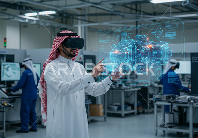 Automotive industry concept, 2030 vision, engineering plans and designs for future projects, technical and technological progress and development, a Saudi Arabian Gulf man wearing a traditional shemagh and thobe and virtual reality glasses interacts with 3D holograms of the prototype car body.