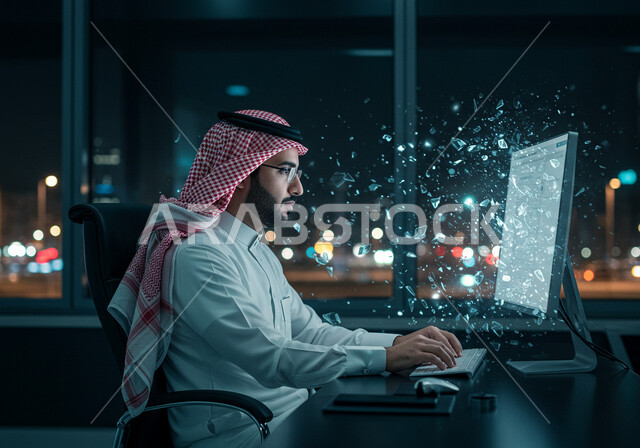 Managing and completing tasks using a modern and advanced technical device, close-up of a smiling Saudi Arabian Gulf man wearing traditional clothing working on a laptop, gestures and expressions of pleasure and happiness, Saudi office jobs and professions, 3D holographic icons