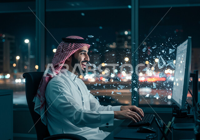 ادارة وانجاز المهام باستخدام جهاز تقني حديث ومتطور, رجل عربي خليجي سعودي مبتسم يرتدي الزي التقليدي يعمل على الحاسوب المحمول, ايماءات وتعابير السرور والسعادة، مهن ووظائف مكتبية سعودية، ايقونات هولوجرامية ثلاثية الابعاد
