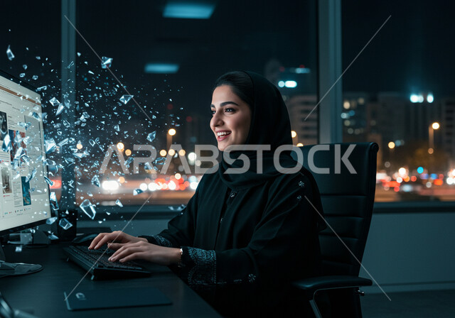 ادارة وانجاز المهام باستخدام جهاز تقني حديث ومتطور, إمرأة عربية خليجية سعودية مبتسمة ترتدي الحجاب تعمل على الحاسوب المحمول, ايماءات وتعابير السرور والسعادة، مهن ووظائف مكتبية سعودية، ايقونات هولوجرامية ثلاثية الابعاد