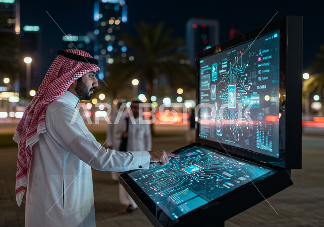 العلوم والابتكار وتكنولوجيا الذكاء الاصطناعي, تحقيق الثورة الصناعية، رموز رقمية هولوجرامية، رجل عربي خليجي سعودي يرتدي الثوب التقليدي والشماغ يقوم بالنقر على شاشة رسومات ثلاثية الأبعاد في الشارع وقت الليل، رؤية مستقبلية 2030