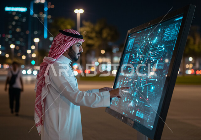 العلوم والابتكار وتكنولوجيا الذكاء الاصطناعي, تحقيق الثورة الصناعية، رموز رقمية هولوجرامية، رجل عربي خليجي سعودي يرتدي الثوب التقليدي والشماغ يقوم بالنقر على شاشة رسومات ثلاثية الأبعاد في الشارع وقت الليل، رؤية مستقبلية 2030