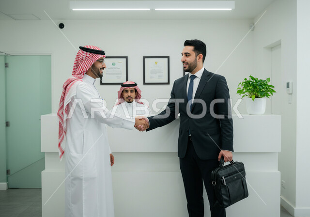 اجراء مقابلة توظيف واختبار، تبادل المعلومات والخبرات، رجل اعمال عربي سعودي خليجي يرتدي الشماغ والثوب التقليدي يصافح شاب يرتدي البدلة الرسمية، اتفاقية عمل لمشروع جديد، الموافقة على شروط العمل، توقيع عقود العمل