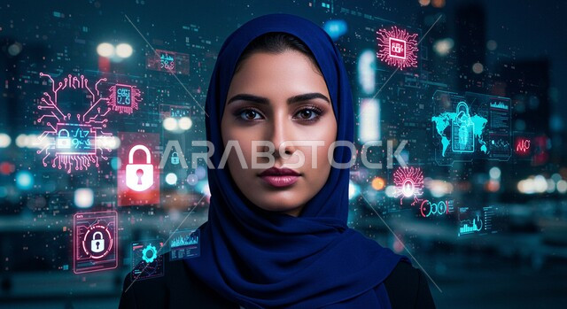 Saudi Vision 2030, growth and technological advancement in the Kingdom of Saudi Arabia, concept of digital development, close-up of a veiled Saudi Arabian Gulf woman wearing a black abaya surrounded by 3D holographic icons