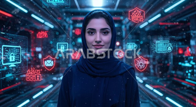 رؤية مستقبلية سعودية 2030, النمو و التقدم التقني في المملكة العربية السعودية, مفهوم التطور الرقمي, صورة مقربة لامرأة عربية خليجية سعودية محجبة ترتدي عباءة سوداء ومحاطة بأيقونات هولوجرامية ثلاثية الأبعاد