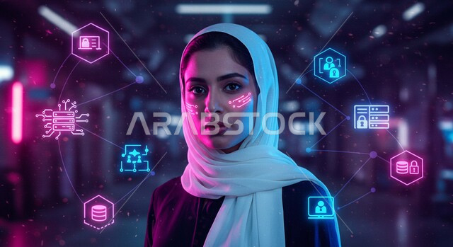Saudi Vision 2030, growth and technological advancement in the Kingdom of Saudi Arabia, concept of digital development, close-up of a veiled Saudi Arabian Gulf woman wearing a black abaya surrounded by 3D holographic icons