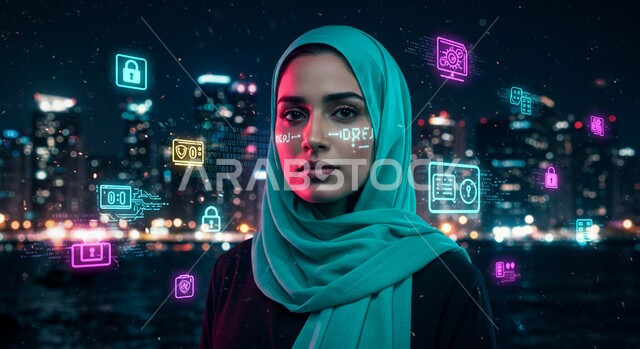 Saudi Vision 2030, growth and technological advancement in the Kingdom of Saudi Arabia, concept of digital development, close-up of a veiled Saudi Arabian Gulf woman wearing a black abaya surrounded by 3D holographic icons