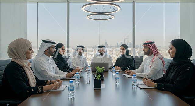 اجتماع عمل بين موظفين عرب خليجيين سعوديين في غرفة الاجتماعات،  التفاهم والتعاون بين الزملاء لتحقيق أهداف الشركة, بيئة العمل المريحة في الشركات السعودية, استخدام الأجهزة التقنية الحديثة في المكاتب
