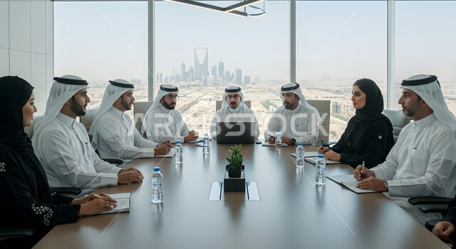 اجتماع عمل بين موظفين عرب خليجيين سعوديين في غرفة الاجتماعات،  التفاهم والتعاون بين الزملاء لتحقيق أهداف الشركة, بيئة العمل المريحة في الشركات السعودية, استخدام الأجهزة التقنية الحديثة في المكاتب