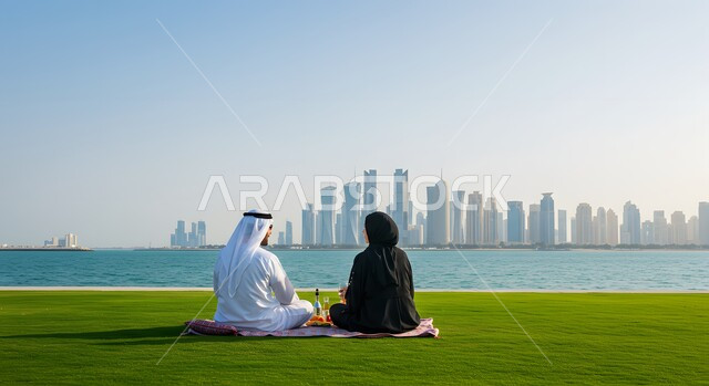 الحوار والنقاش العائلي في الهواء الطلق, منظر العشب الاخضر في النهار، صورة من الخلف لزوجين عربيين خليجيين إماراتيين يستمتعان بنزهة على كورنيش الواجهة البحرية، التنزه في الحديقة العامة في الإمارات، مفهوم الرابطة الزوجية والألفة بين الزوجين