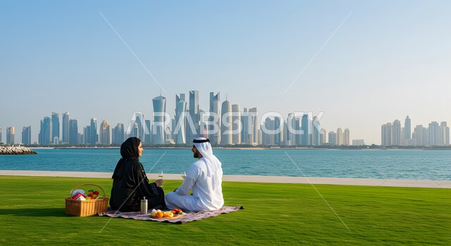الحوار والنقاش العائلي في الهواء الطلق, منظر العشب الاخضر في النهار، صورة من الخلف لزوجين عربيين خليجيين إماراتيين يستمتعان بنزهة على كورنيش الواجهة البحرية، التنزه في الحديقة العامة في الإمارات، مفهوم الرابطة الزوجية والألفة بين الزوجين