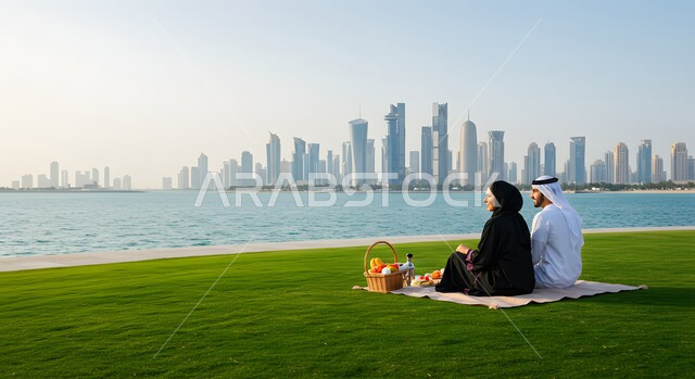 الحوار والنقاش العائلي في الهواء الطلق, منظر العشب الاخضر في النهار، صورة من الخلف لزوجين عربيين خليجيين إماراتيين يستمتعان بنزهة على كورنيش الواجهة البحرية، التنزه في الحديقة العامة في الإمارات، مفهوم الرابطة الزوجية والألفة بين الزوجين