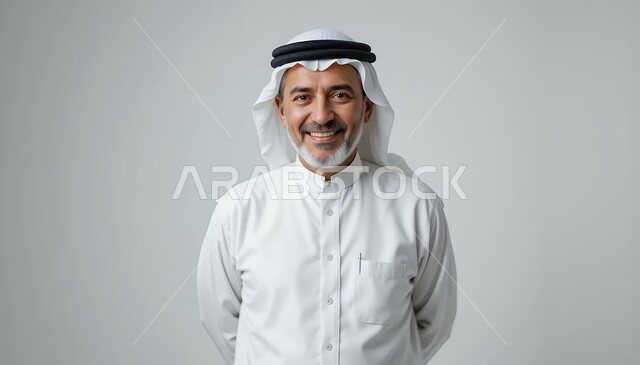 الرجولة والقوة والثقة بالنفس، بورتريه مقرب لرجل عربي خليجي سعودي مبتسم يرتدي الشماغ والثوب التقليدي ينظر إلى الكاميرا بإيماءات السرور والفرح، مفهوم الاهتمام في المظهر الخارجي، خلفيه بيضاء
