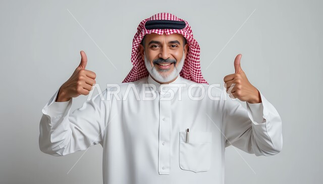 The concept of interest in outward appearance, masculinity, strength and self-confidence, a close-up portrait of a smiling Saudi Arabian Gulf man wearing a traditional shemagh and thobe, looking at the camera, raising his thumbs up in gestures of admiration, acceptance and satisfaction, white background