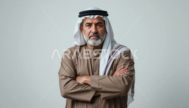 الرجولة والقوة والثقة بالنفس، مفهوم الاهتمام في المظهر الخارجي، بورتريه مقرب لرجل عربي خليجي سعودي يرتدي الغترة والثوب التقليدي ينظر إلى الكاميرا يقف بأيدي متقاطعة بتعابير الجدية والحزم، خلفيه بيضاء