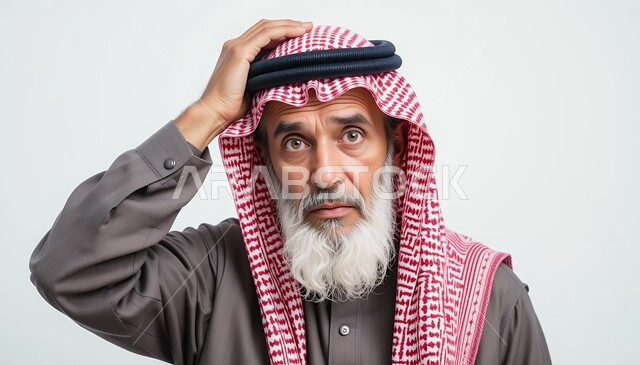 الشعور بالارهاق وعدم الراحة، بورتريه مقرب لرجل كبير بالسن عربي خليجي سعودي يرتدي الشماغ والثوب التقليدي يضع يده على رأسه بتعابير الصدمة والدهشة، الاحساس بألم في الرأس، تعابير التعب الشديد والصداع، خلفية بيضاء